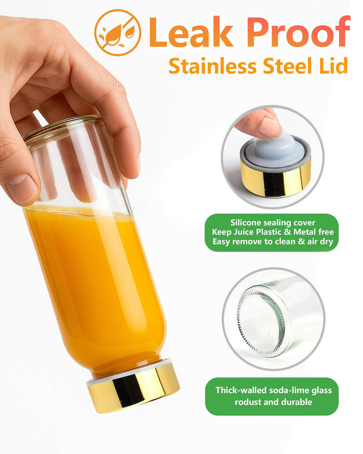 10 oz Glass Juice Bottles with Stainless Steel Gold Lid Leak Proof