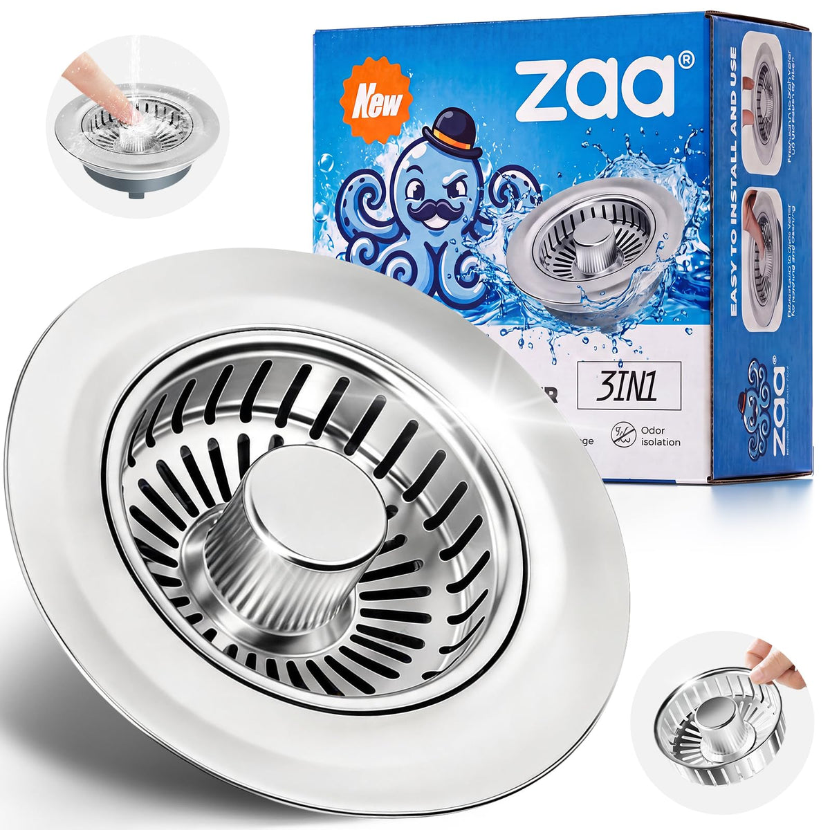 3 in 1 Kitchen Sink Drain Strainer Stopper Removable Basket Pop (Light Silver)