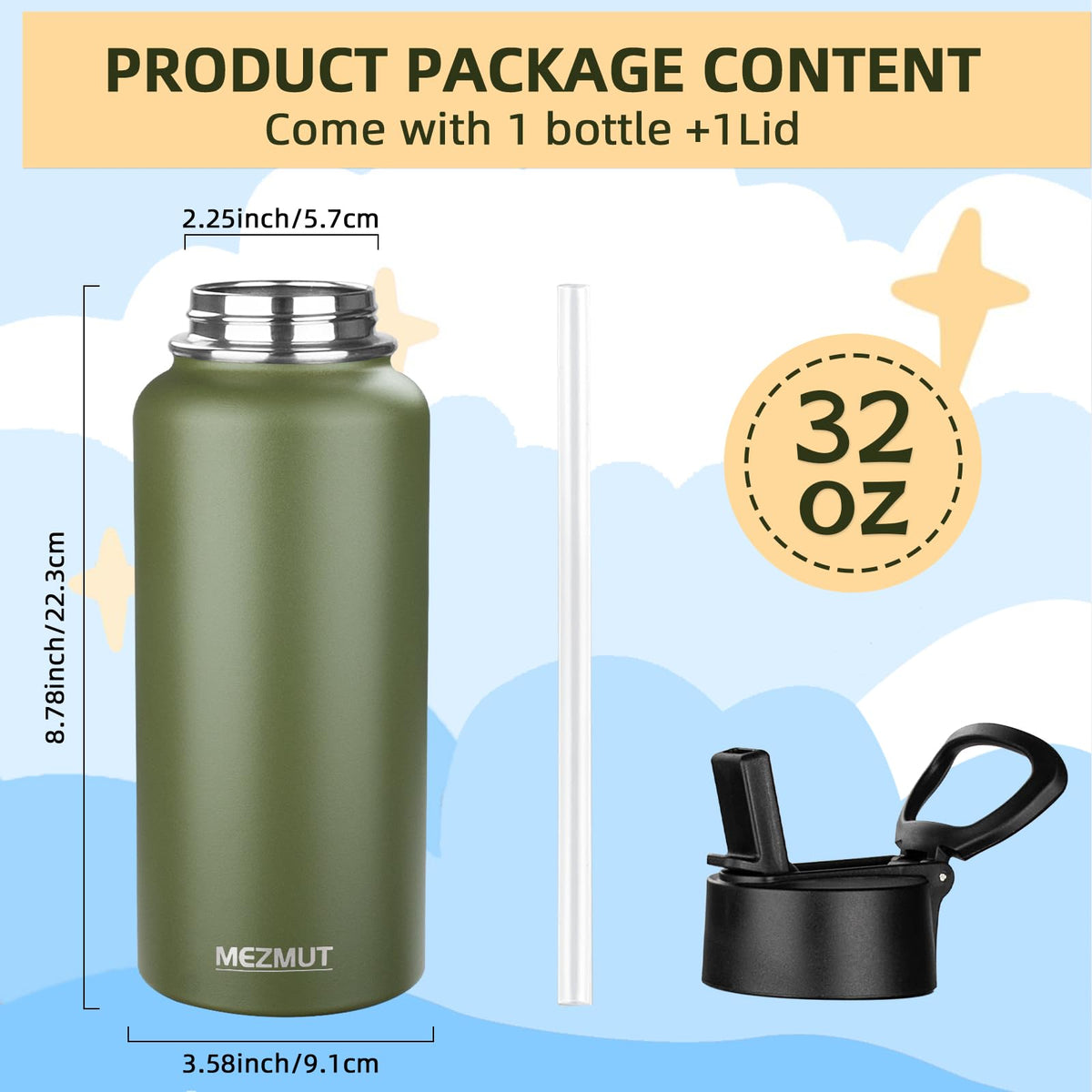 32oz Metal Sports Insulated Water Bottle with Straw Lid (Navy Green-1 Lid)