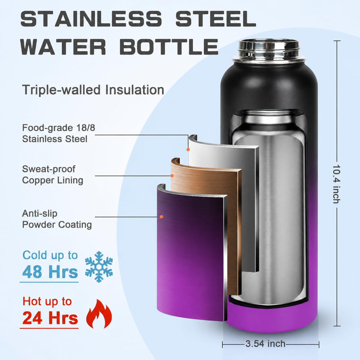 40 oz Insulated Water Bottle with Straw & Spout 2 (40 Ounces / Black Purple)