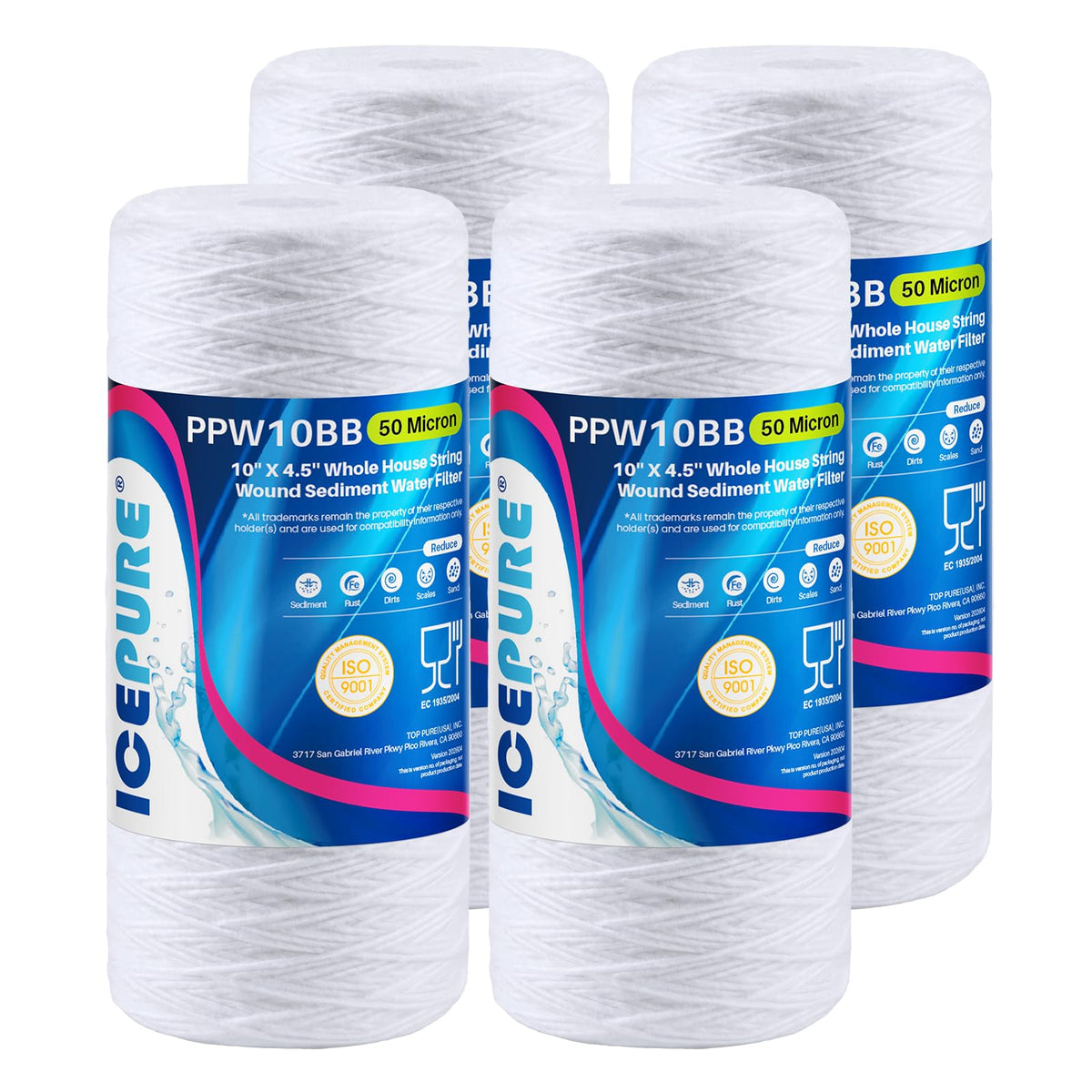 50 Micron 10”*4.5'' Whole House Sediment String Wound Water Filter Replacement filter for 84637 (50 Micron / 4 Count (Pack of 1))