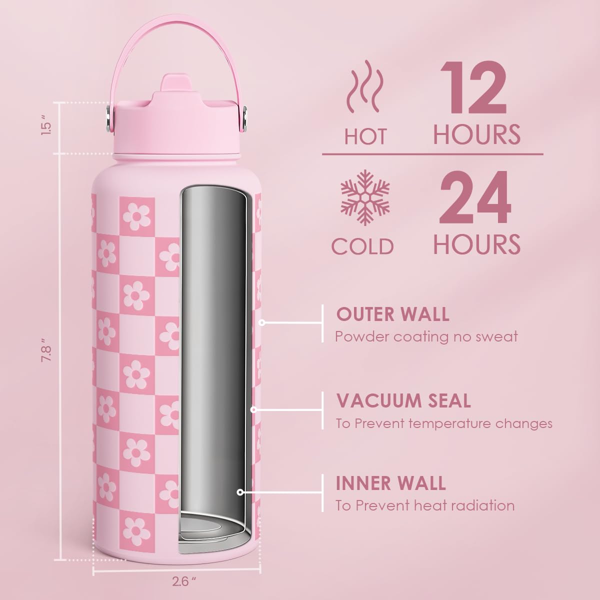 Checker Daisy Water Bottle 32oz Stainless Steel with Lid & Straw (Checker Daisy)