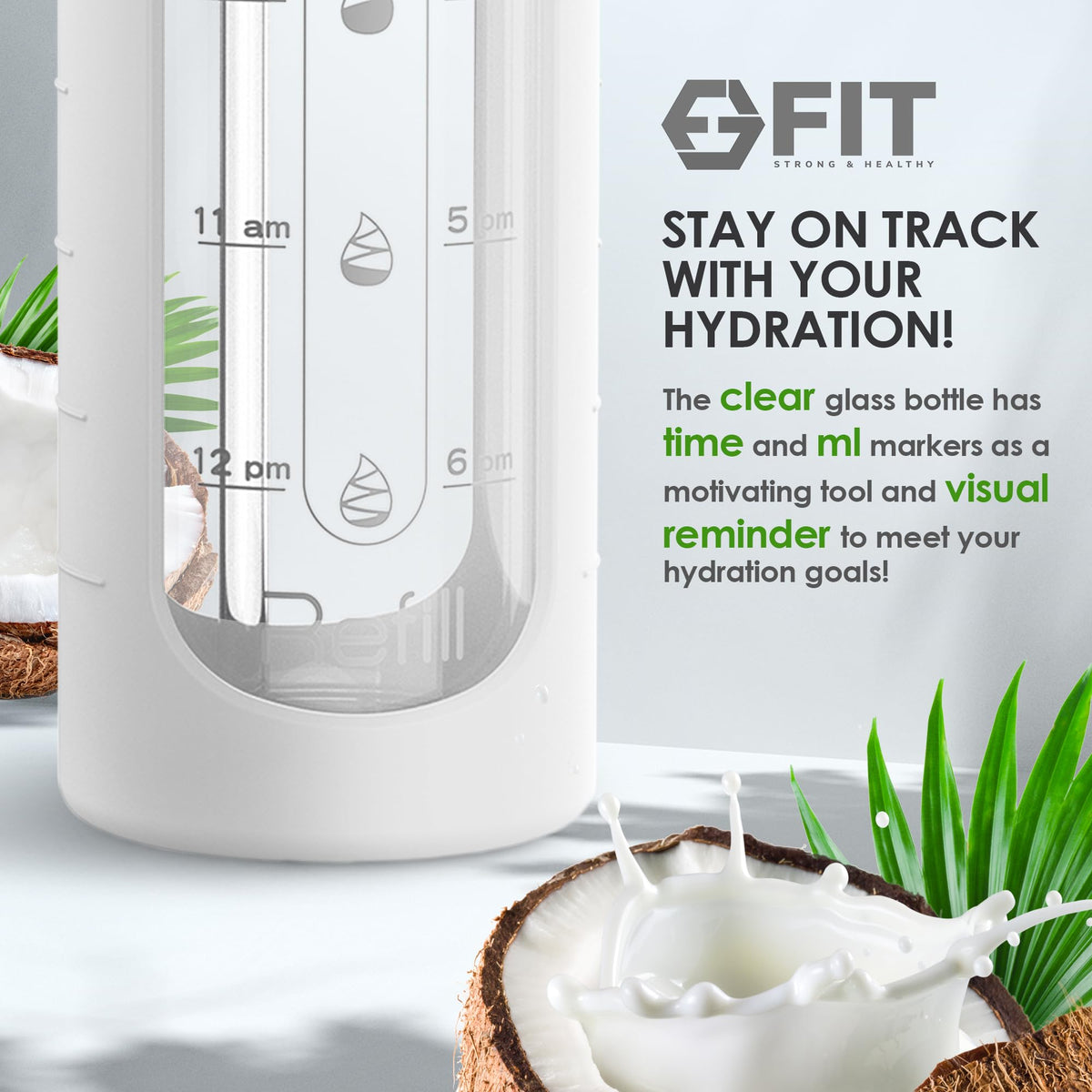 Glass Water Bottle 32 oz with Straw Lid & Time Marker (White Sleeve)