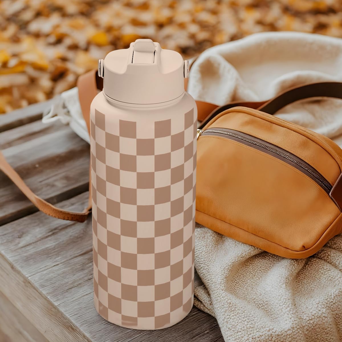 Checkerboard Water Bottle 32oz Stainless Steel with Lid & Straw (Checker)