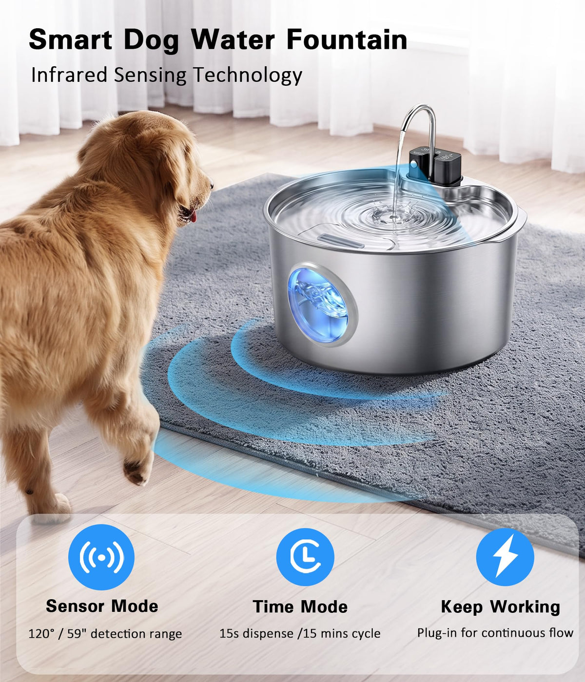 Large Cordless Dog Water Fountain Stainless Steel