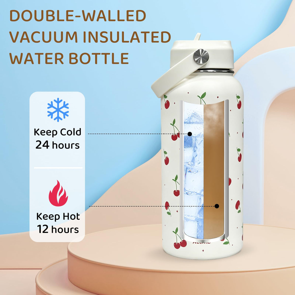 32oz Cherry Gift Insulated Water Bottle for Women with Straw (Cherry / 32 Ounces)