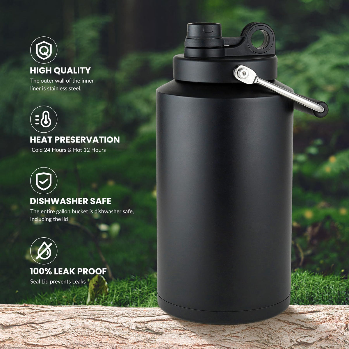 1 Gallon Water Bottle Insulated Stainless Steel Keeps Ice 48Hr (Black (2 Packs) / 128 Ounces)