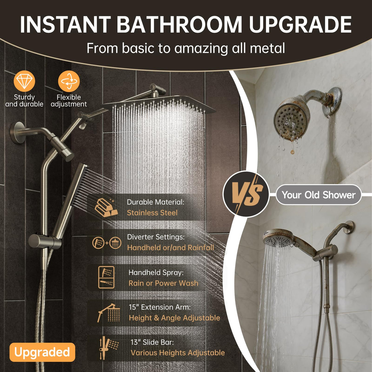 All Metal 10" Luxurious Brushed Nickel Rain Shower Head with Handheld (Brushed Nickel / 10 Inch)