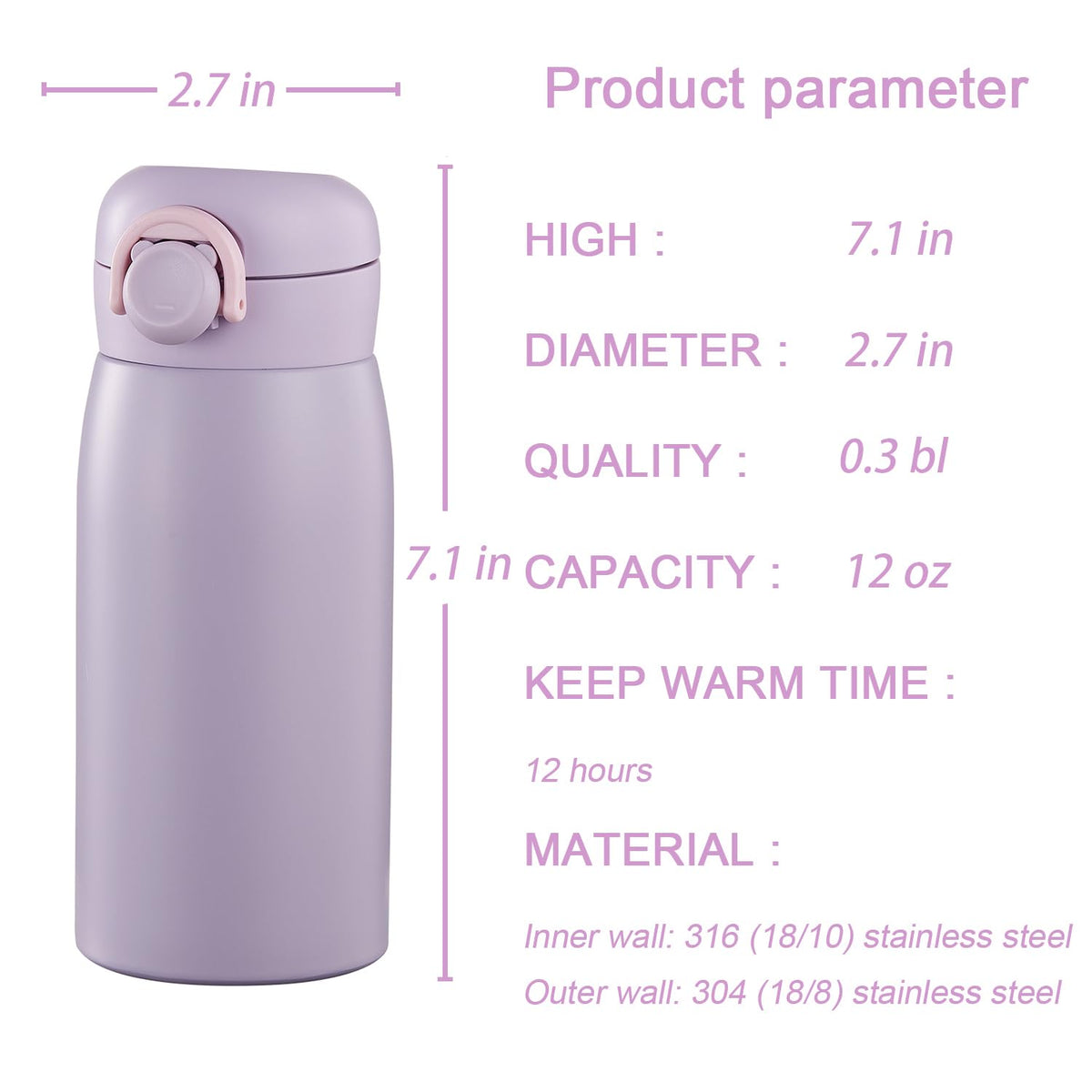 12 oz Mini Water Bottle Small Stainless Steel Thermoses (Purple / 12 Ounces)