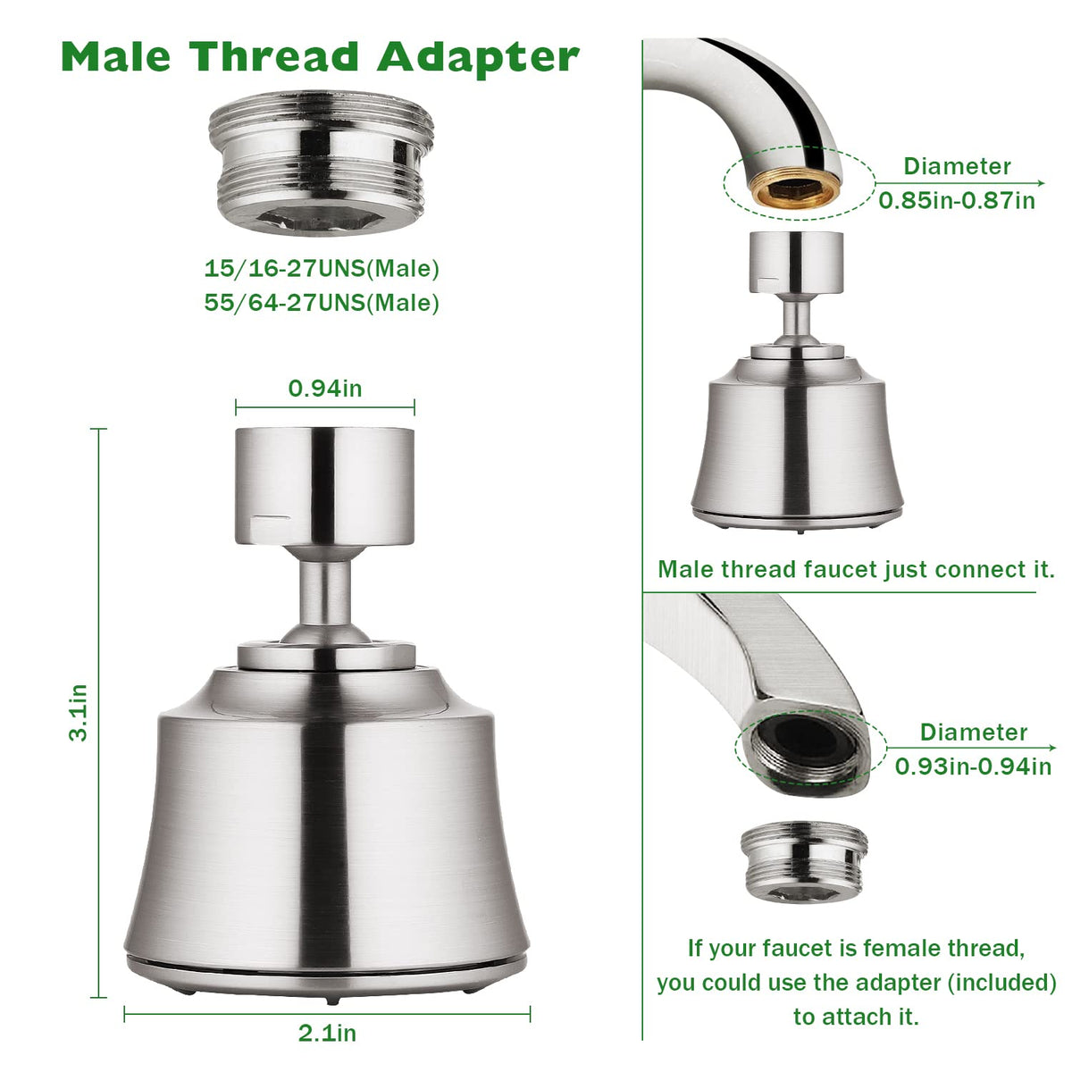 Kitchen Sink Faucet Aerator with 2 Ball Joint (Brushed Nickel)