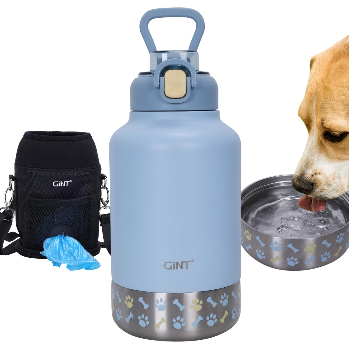 37oz 1.1L Insulated Dog Water Bottle with Carrying Case (Blue)