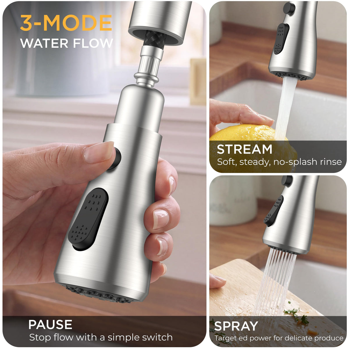 2 Handle Kitchen Faucet with Pull Down Sprayer (Stainless Steel)