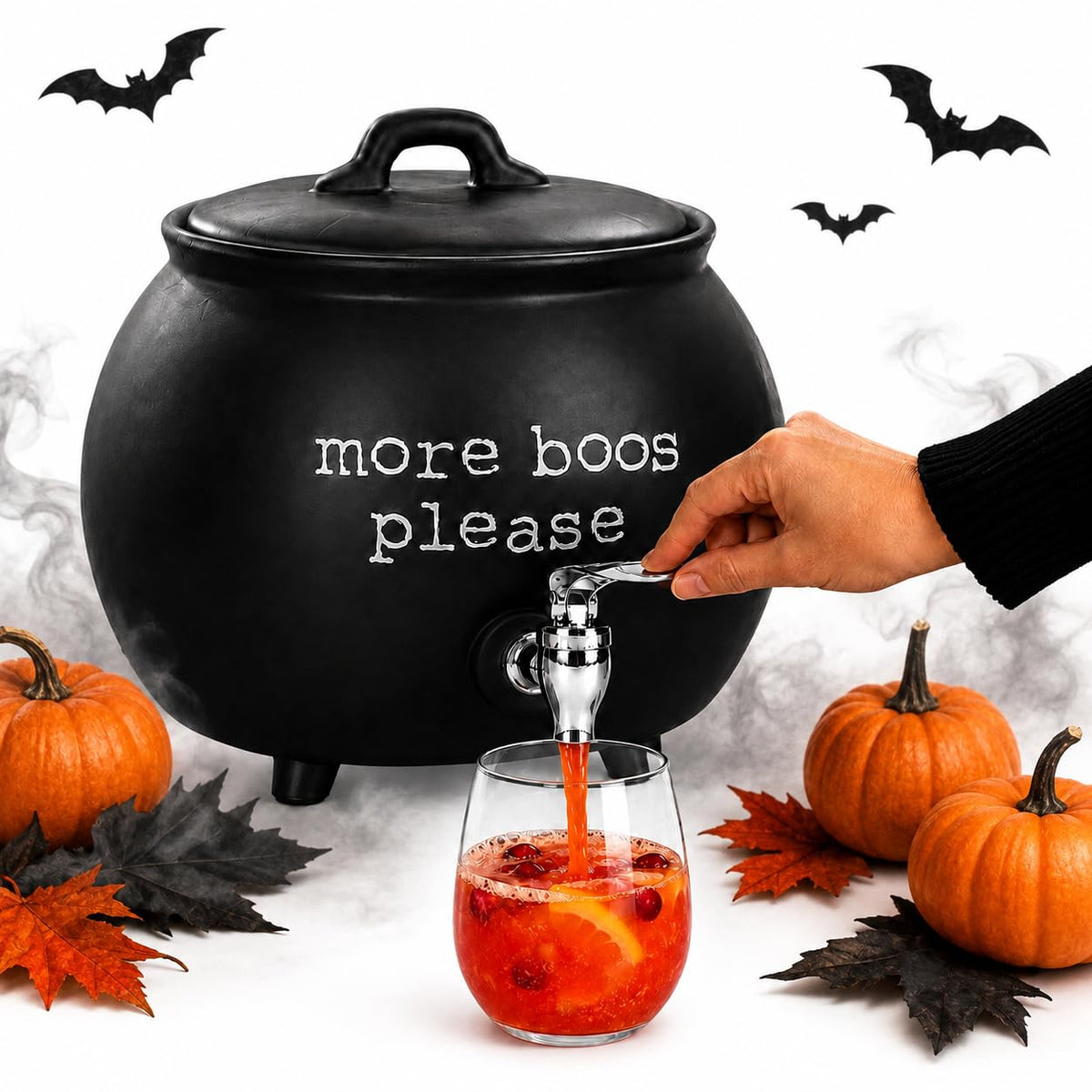 Black Ceramic Cauldron Beverage Dispenser & Candy Bowl With Easy Flow Spigot & Lid (Black)