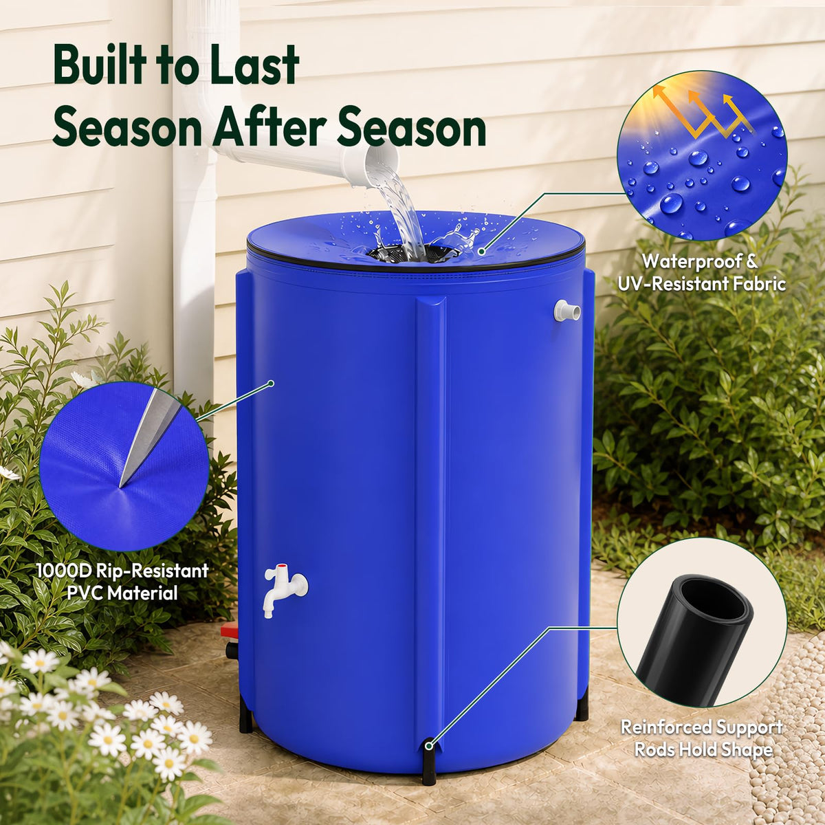 Collapsible Rain Barrel Portable Rain Water Collection (Blue / 100 Gallon)