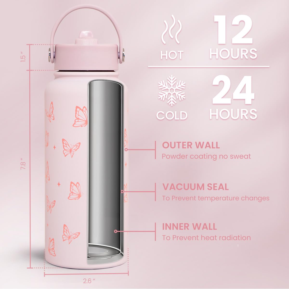 Butterfly Water Bottle Insulated Vacuum Stainless Steel 32oz with Lid (Butterfly)