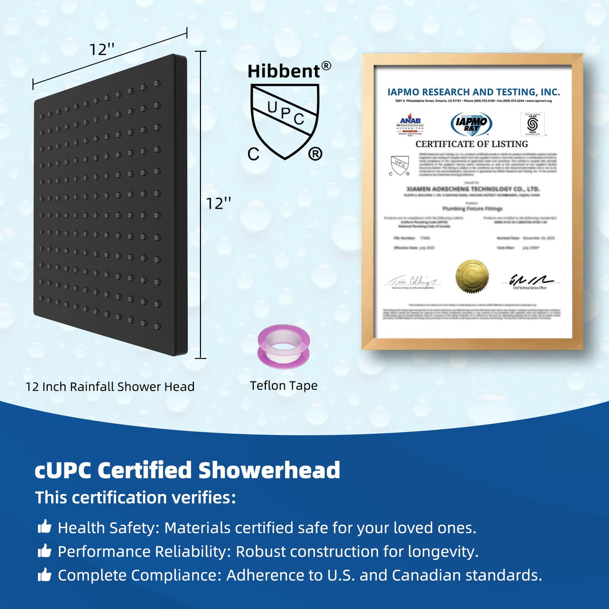 cUPC Certified High Pressure 12'' Rain Shower Head (Black / 12 Inch)