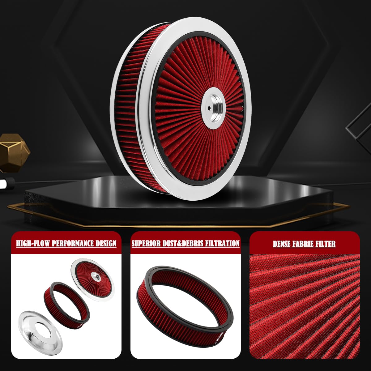 14"x3" Round Air Cleaner filter Kit for Carburetor Red Chrome (14"*3")