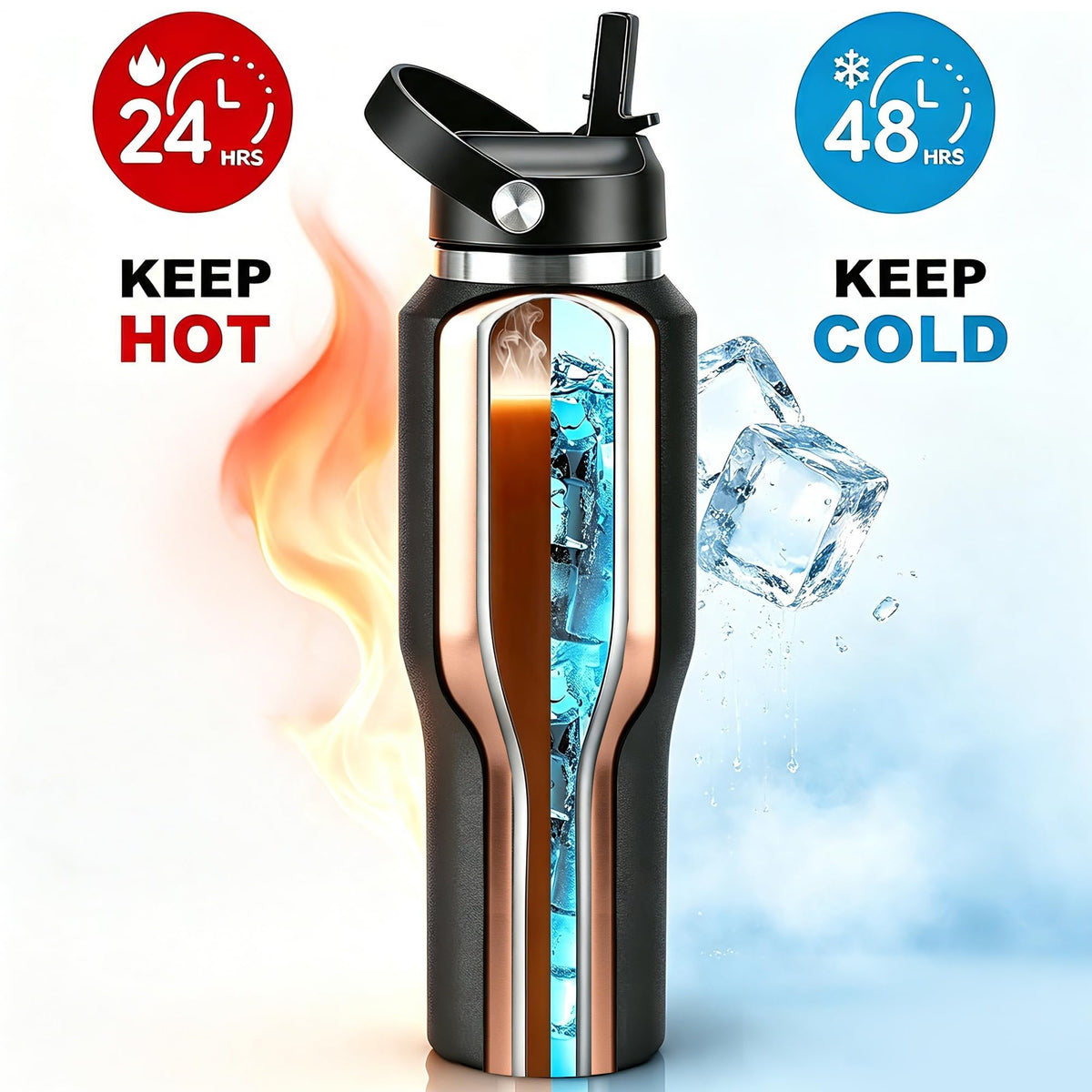 32 oz Insulated Water Bottle Stainless Steel Triple (Blue - Black / 32 Ounces)