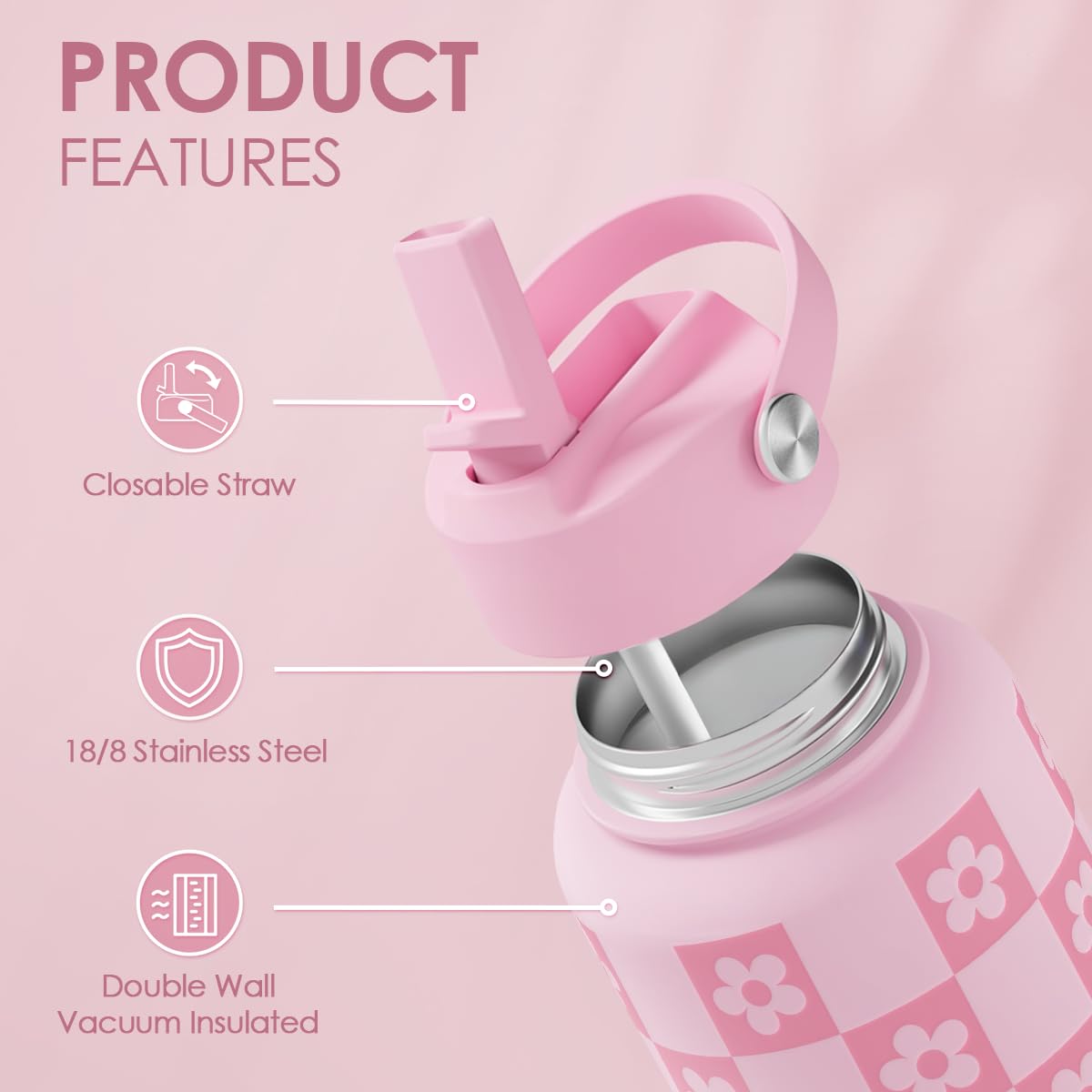 Checker Daisy Water Bottle 32oz Stainless Steel with Lid & Straw (Checker Daisy)
