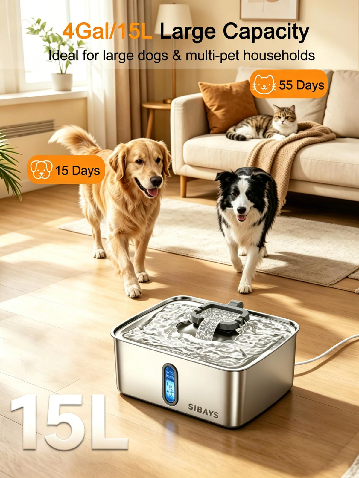 4Gal 15L Dog Water Fountain for Large Dogs (Silver-Grey)