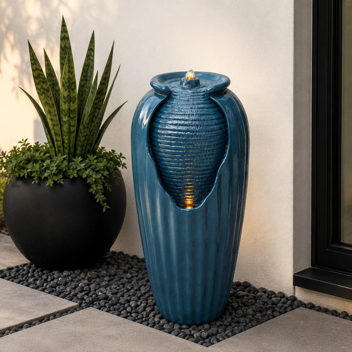 32 in. Outdoor Contemporary Glazed Contoured Vase Water Fountain with LED Lights to Create a Calming Oasis in Gardens and Landscaping (Blue)