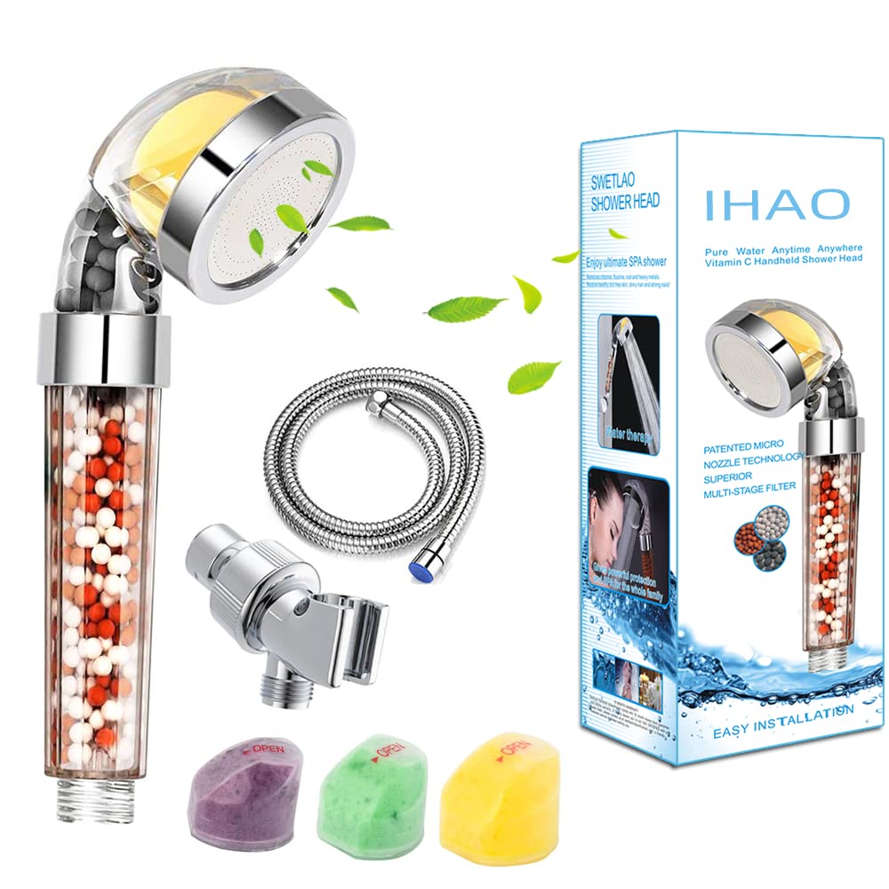Vitamin C Filter High Pressure Handheld Shower Head with Bracket and Metal Hose Purifying Hard Water Softener Chlorine Flouride Filter Aroma Showerhead Fresh Dry Skin & Hair Loss (Aroma Filter HH)