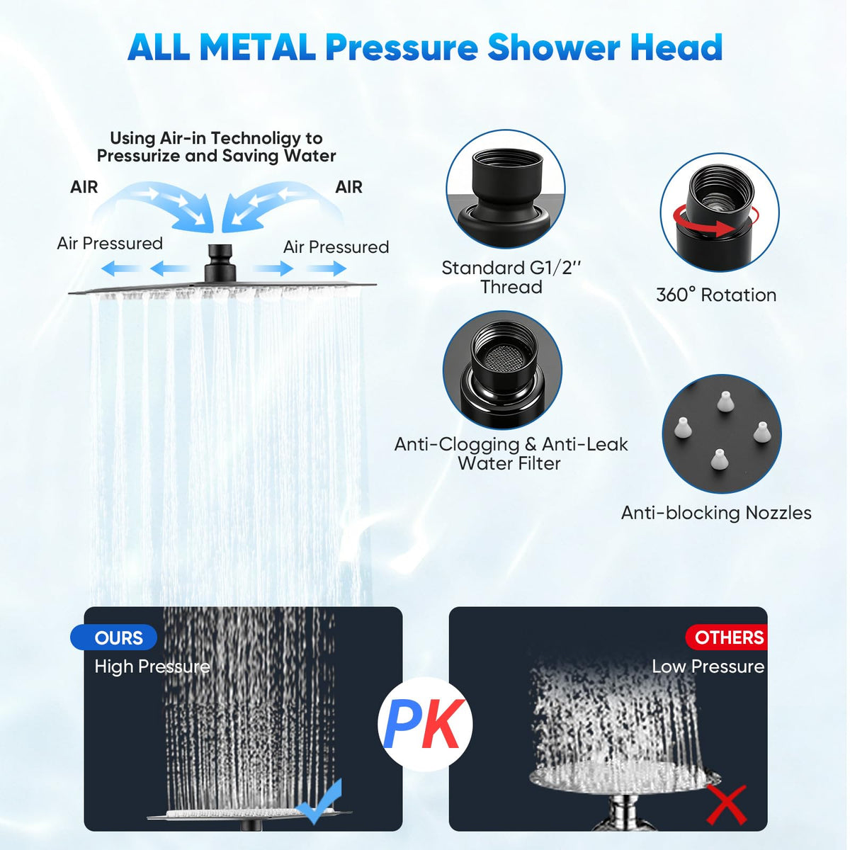 12 Inch Rain Shower Head with 16 Inch Extension Arm for Hard Water (Black / 12 Inch)