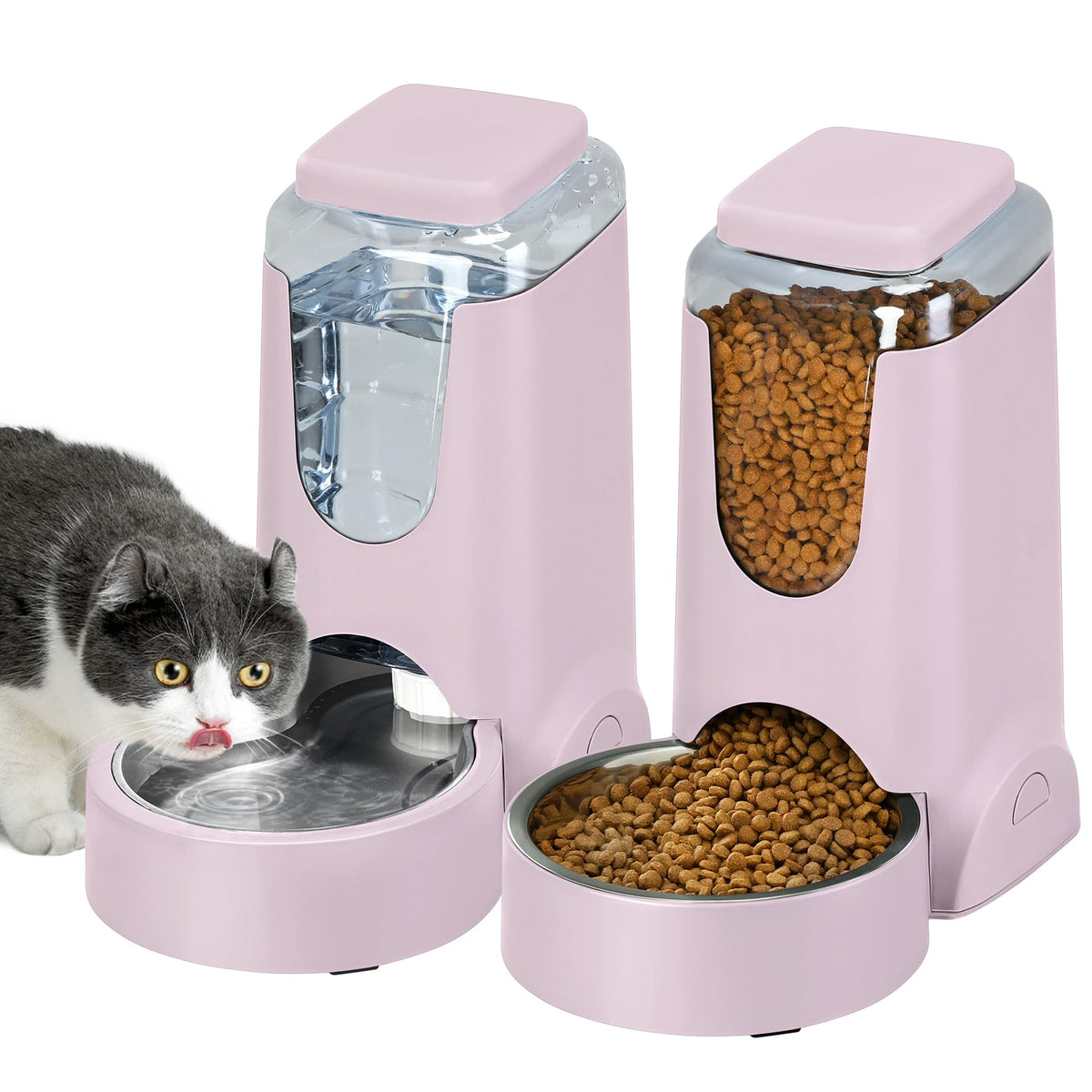 2 Pack Automatic Cat Feeder and Stainless Steel Water Dispenser (1 Gallon x 2 - Violet)