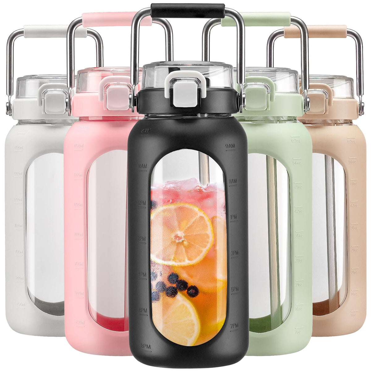 64oz Water Bottle Glass with Stainless Steel Handle Large Water Bottle with Time Markers and Silicone Sleeve Half Gallon Water Jug BPA Free for Gym Daily Use (Black / 64 Ounces)