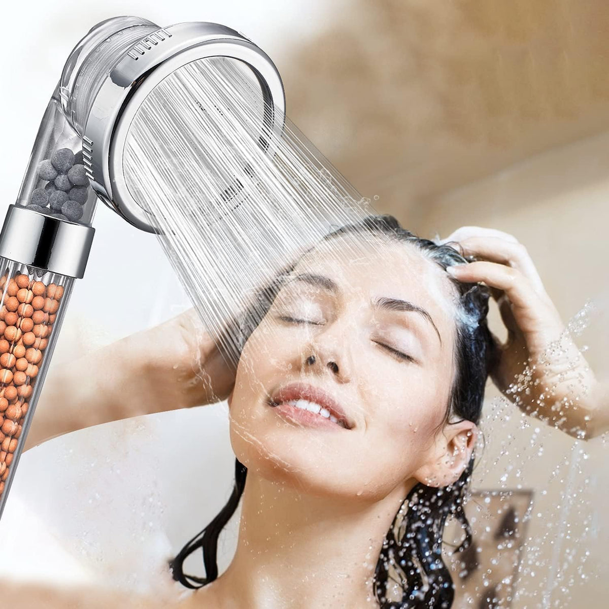 Shower Head Filter Filtration High Pressure Water Saving 3 Mode Function Spray Handheld Showerheads 1.6 GPM for Hair & Skin (Clear Shower Head + Hose + Bracket)