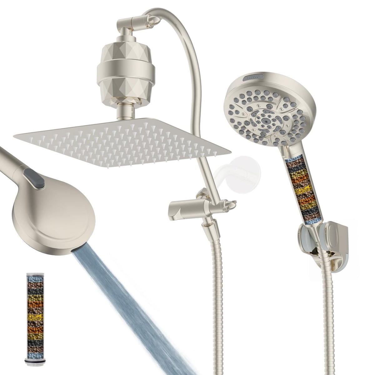 All Metal Dual Filtered Rainfall High Pressure 10'' Shower Head (Square 10'' with Filter / Brushed Nickel)