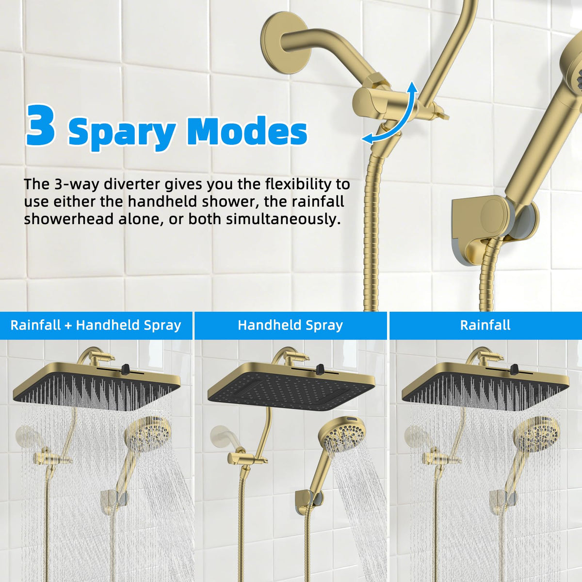 13'' 5 spray Rain Shower Head (Square 13'' / Brushed Gold)