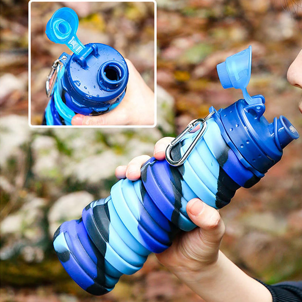 Collapsible Water Bottles Two Pack Travel Sports Portable Sport Water Bottle comes with mountaineering Buckle 500ml silicone Water (2 pack / Dark blue+purple)