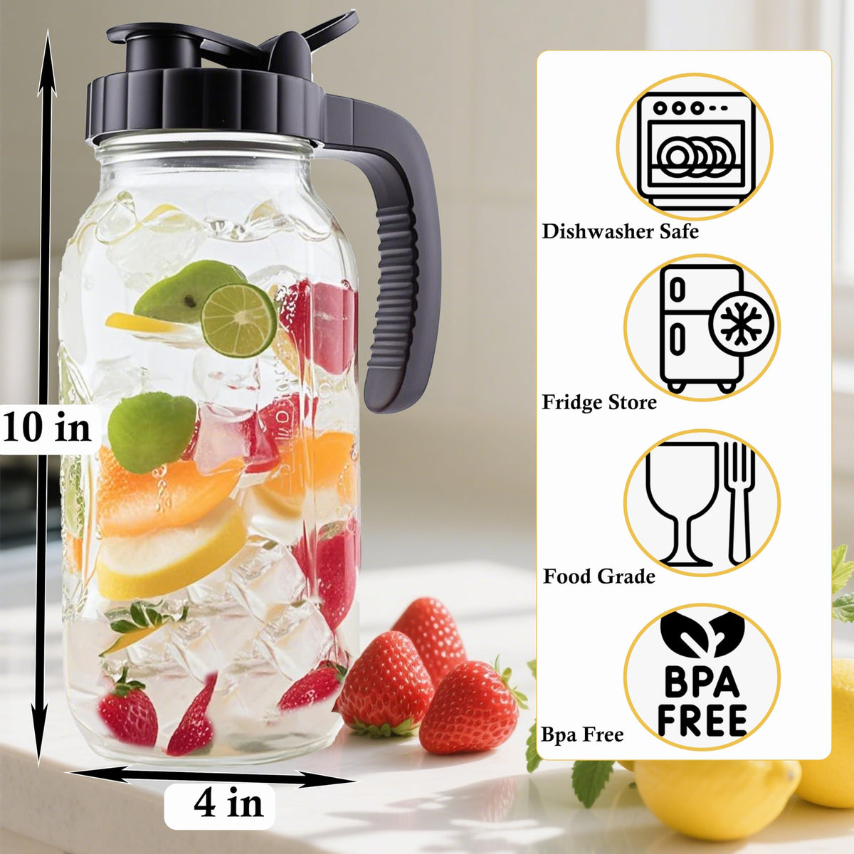 Glass Mason Jar Pitcher With Lid 2 Quart Sun Tea Glass Pitcher 64 Oz Wide Mouth Half Gallon Hot Cold Water Coffee Jug Carafe For Fridge Lemonade (64 OZ)