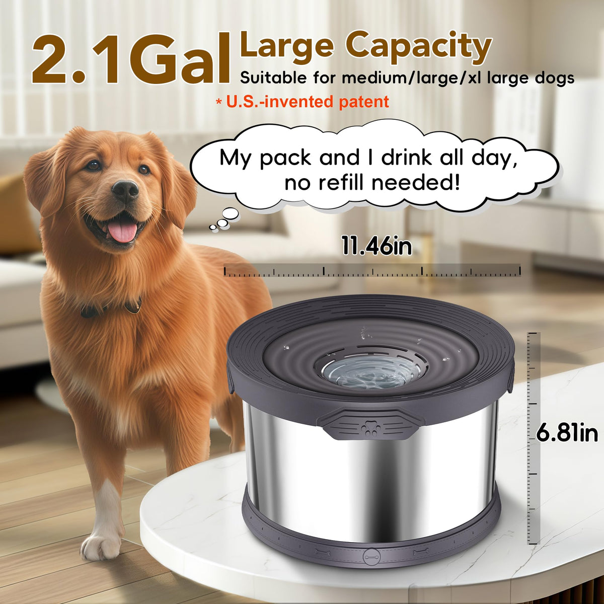 8L Dog Water Bowl No Spill Stainless Steel for Slow Drinking Gray (8L / Grey)