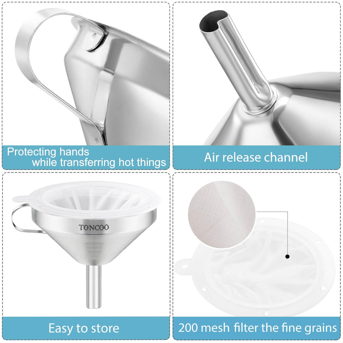 5 Inch Stainless Steel Funnel with Strainer and 200 Fine Mesh Filter