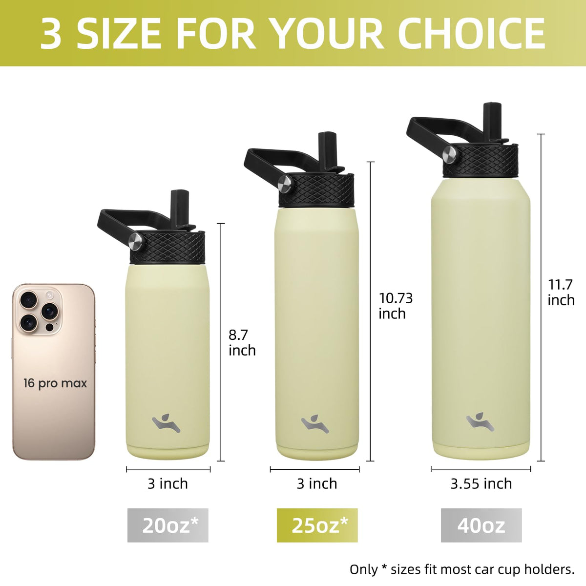 25 oz Insulated Stainless Steel Water Bottle with 3 Lids (Macaron Green / 25 Ounces)