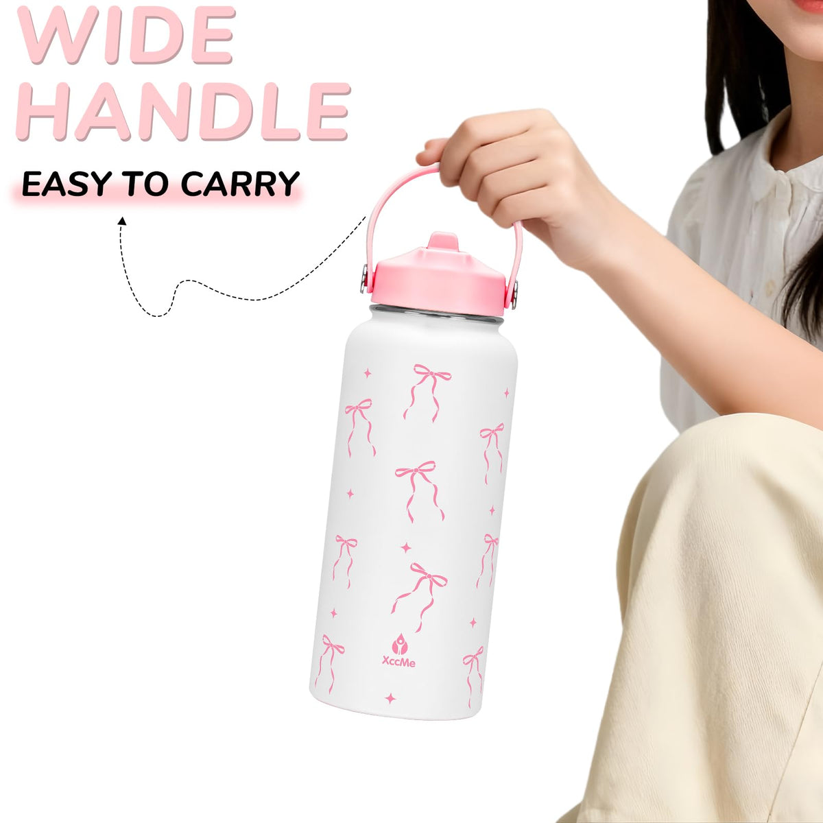 32oz Pink Bow Gift Insulated Water Bottle for Women with Straw (Pink Bow / 32 Ounces)