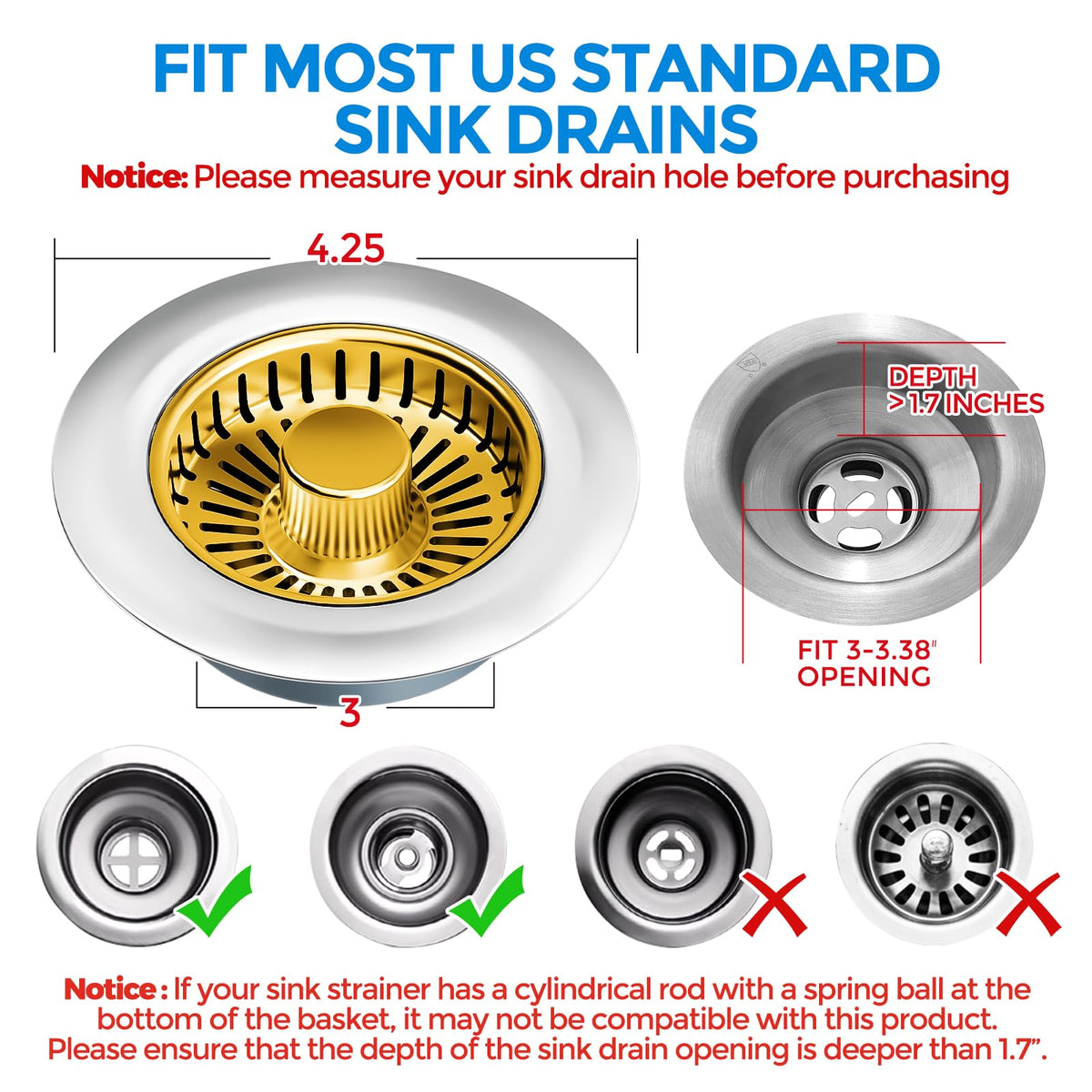 3 in 1 Kitchen Sink Drain Strainer Stopper Removable Basket Pop (Gold)