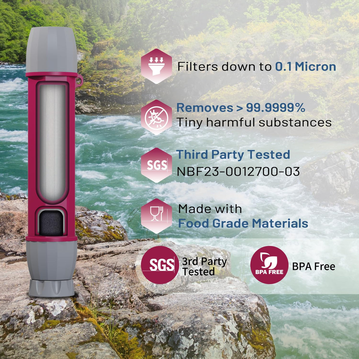 Emergency Water Filter Straw for Survival (4 Pack / Plum Red)