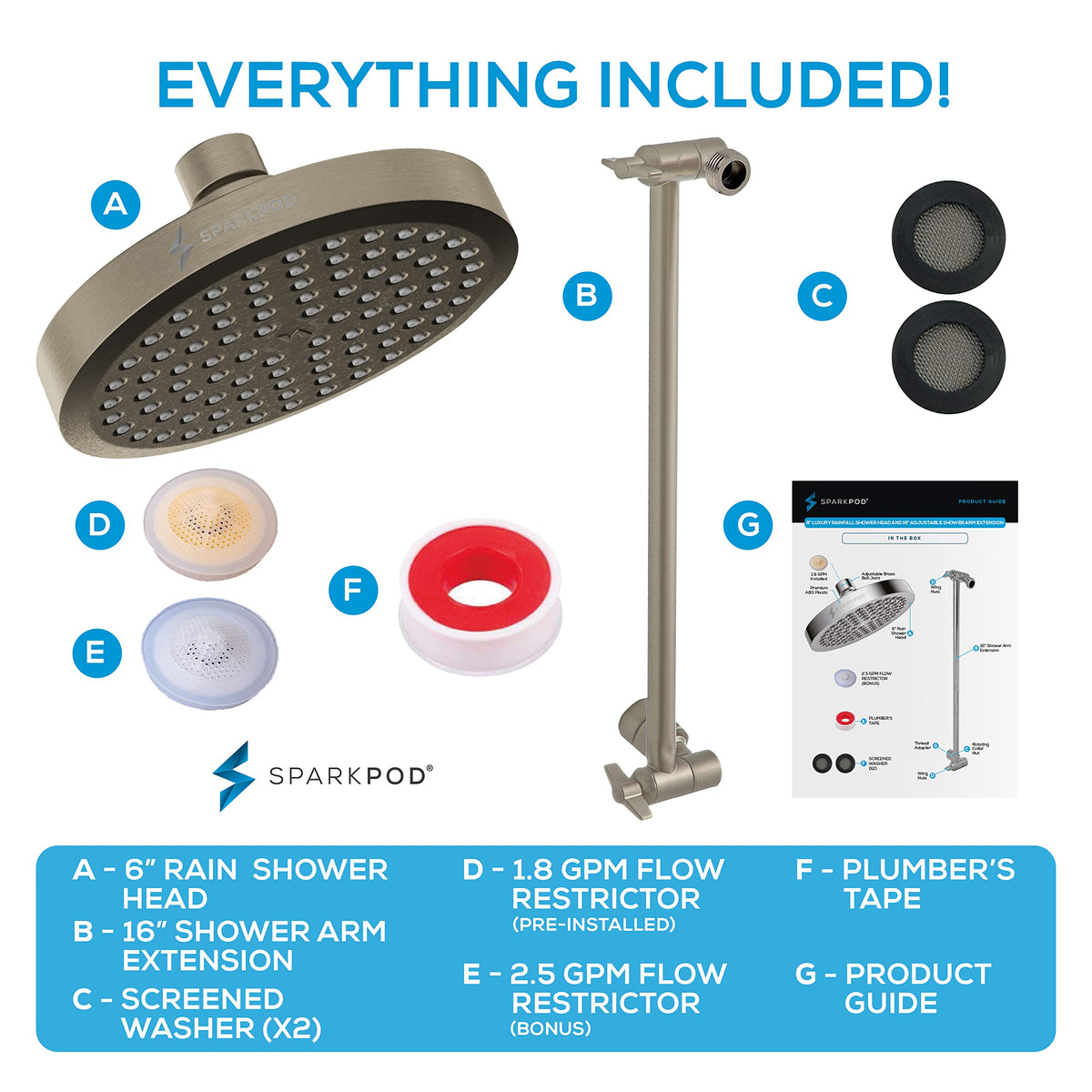 6" Round Rain Shower Head with 16" Shower Arm (2. Elegant Brushed Nickel / 16" Arm)
