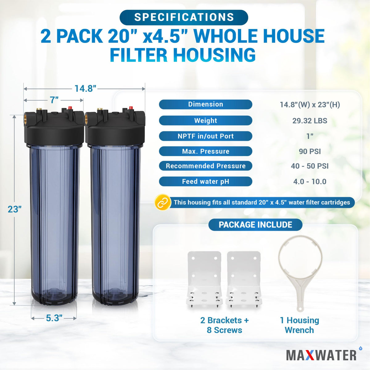 Whole House 20" x4.5" Purple Clear WH Water Filter Housing 1 inch Inlet