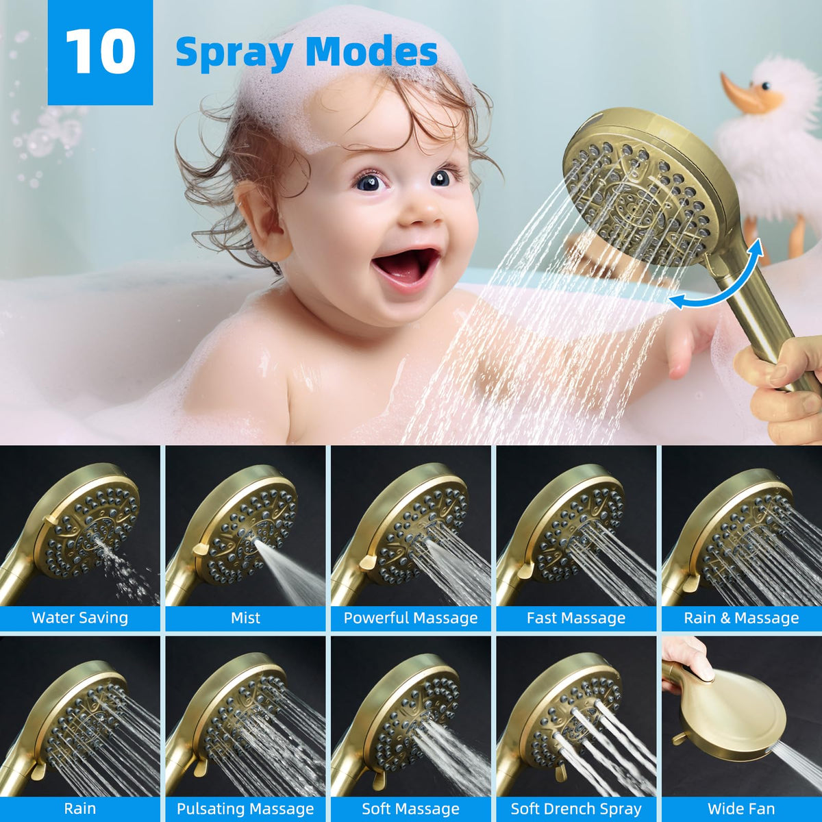 13'' 5 spray Rain Shower Head (Square 13'' / Brushed Gold)