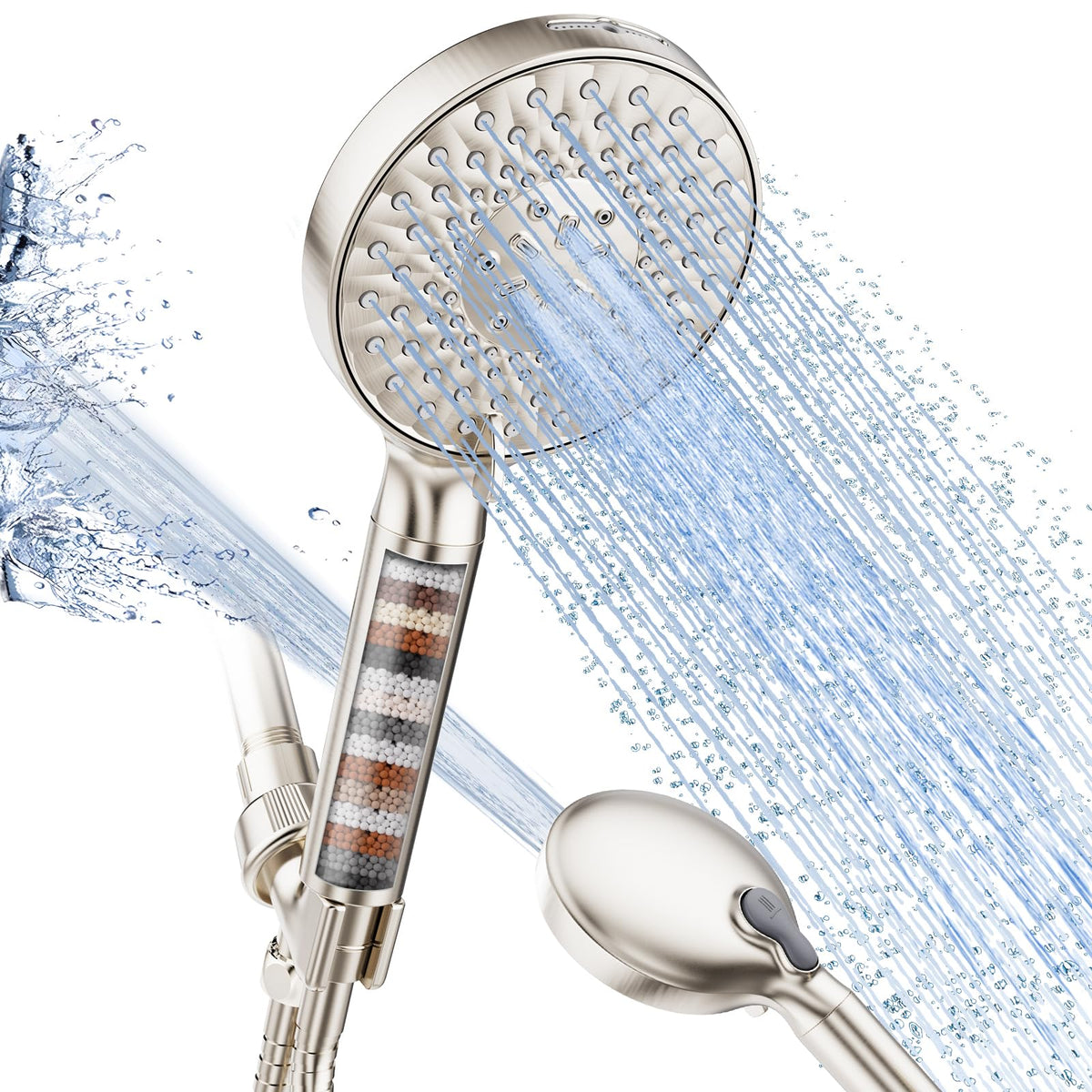 Filtered Shower Head with Handheld High Pressure 9 Spray Mode Showerhead Detachable Shower Head Water Softener Filters Beads for Hard Water Remove Chlorine 1 Filter Light Champagne (Light Champagne)