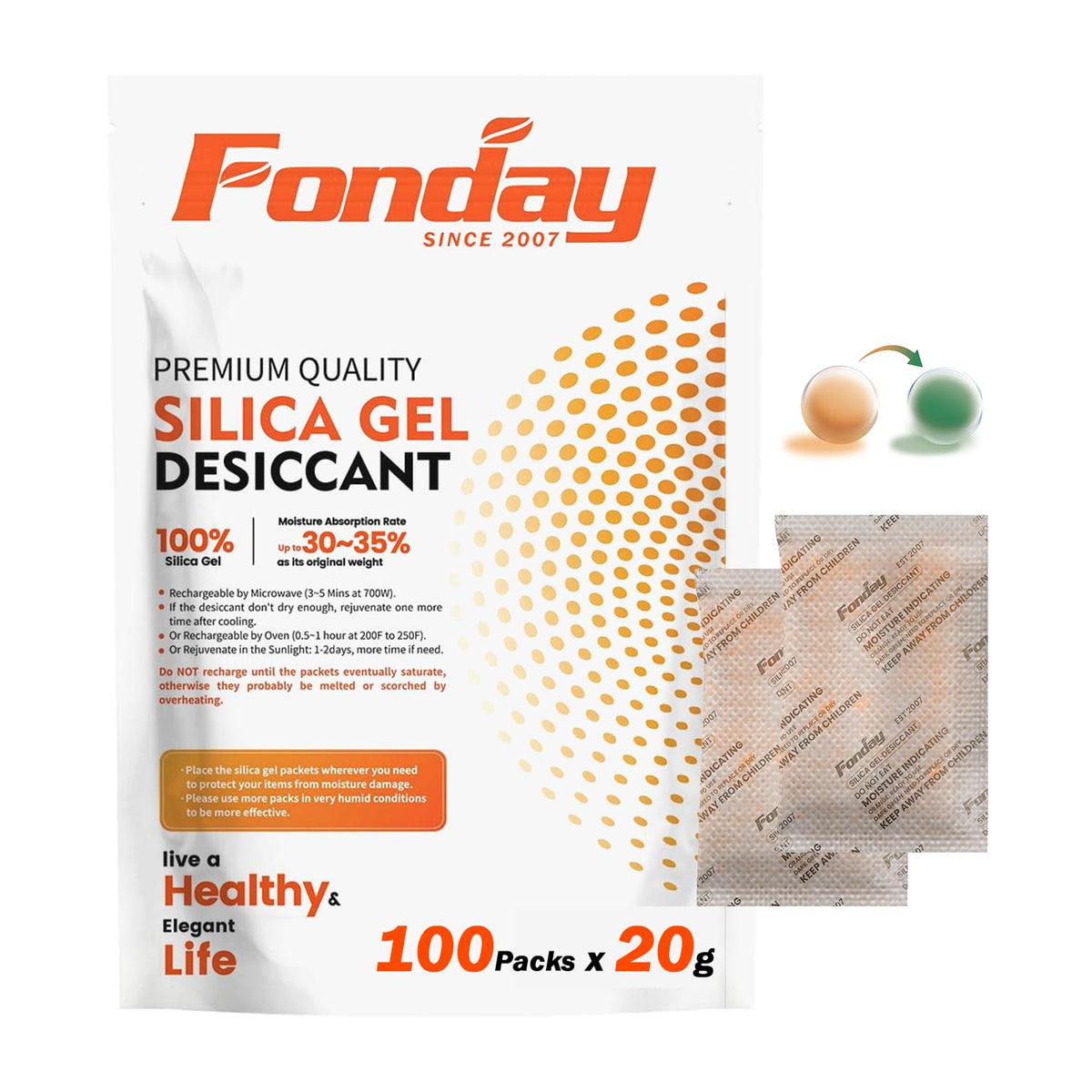20Gram 100Packets Fonday Moisture Indicating Silica Gel Desiccant Packs (20Gram)