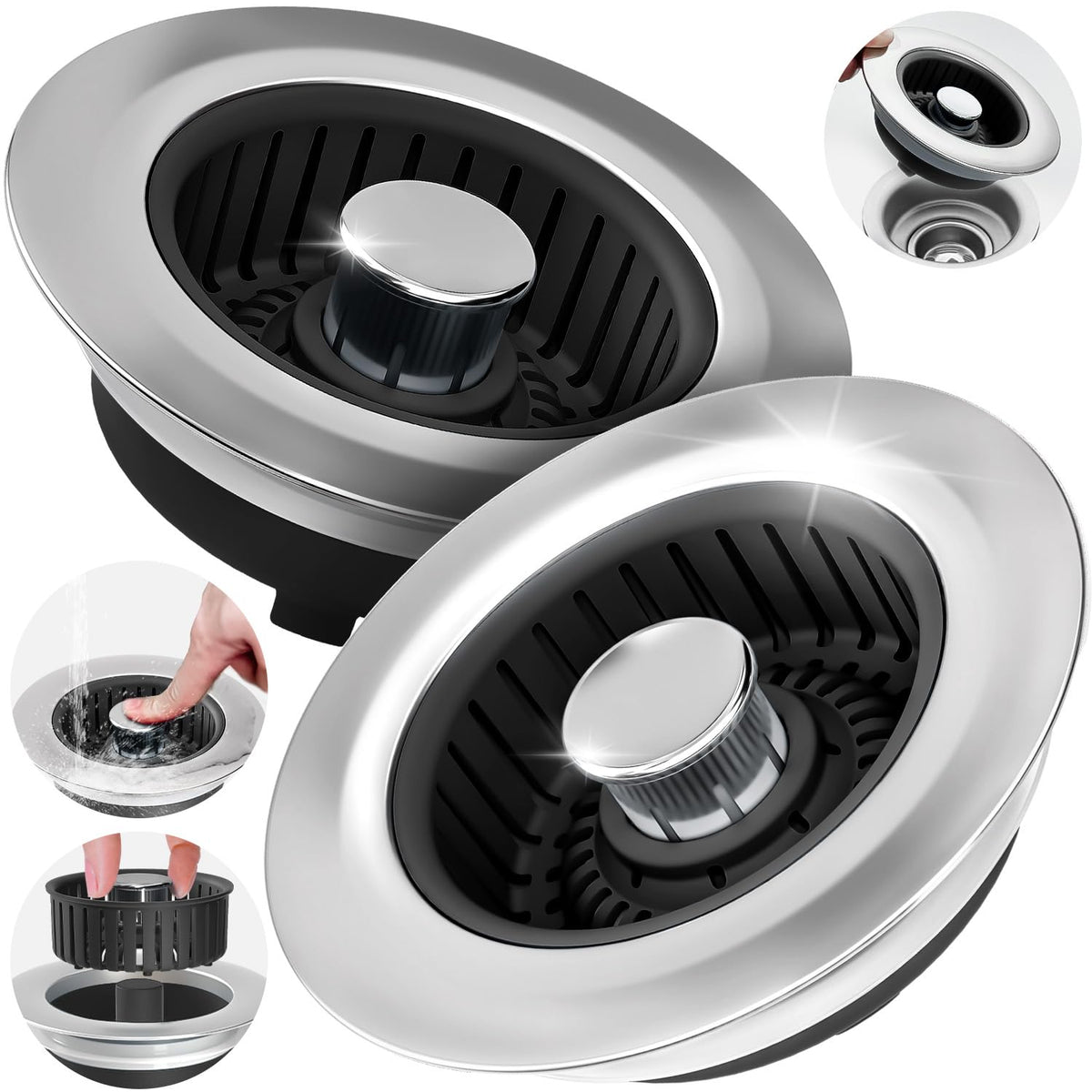 3 in 1 Kitchen Sink Drain Strainer Stopper Removable Basket Pop (Black Black)