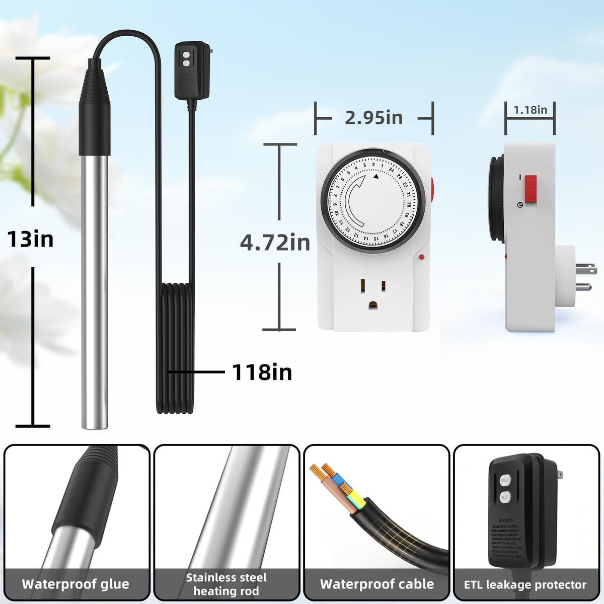 1500W Immersion Water Heater with Timer