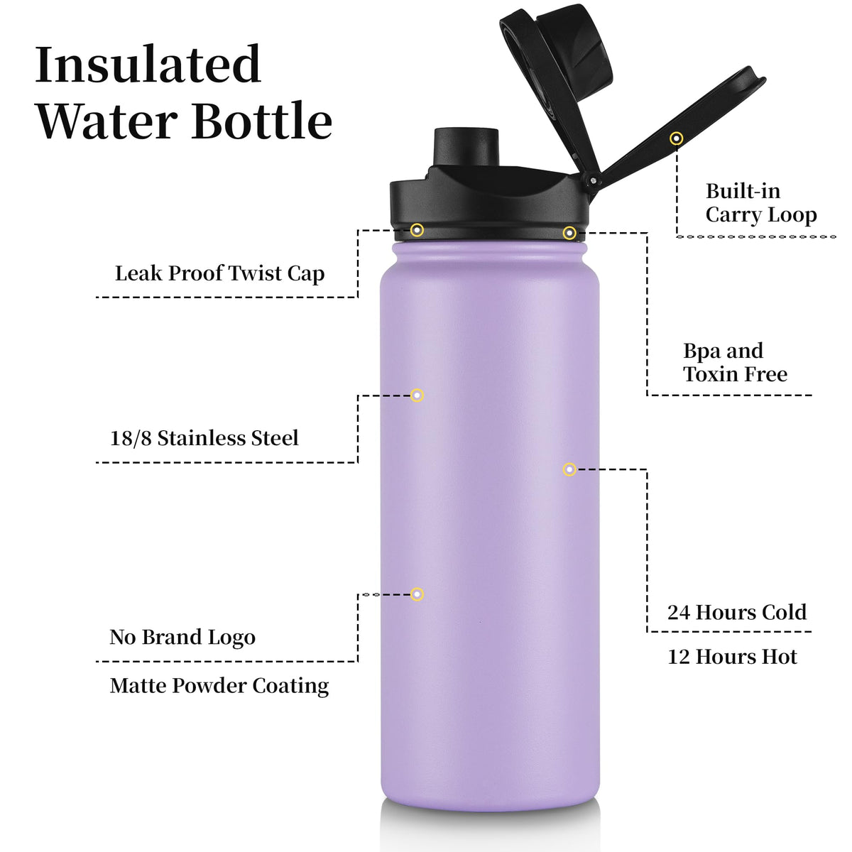 24 oz Insulated Water Bottle Bulk 4 Pack (Purple / 24 Ounces-4)