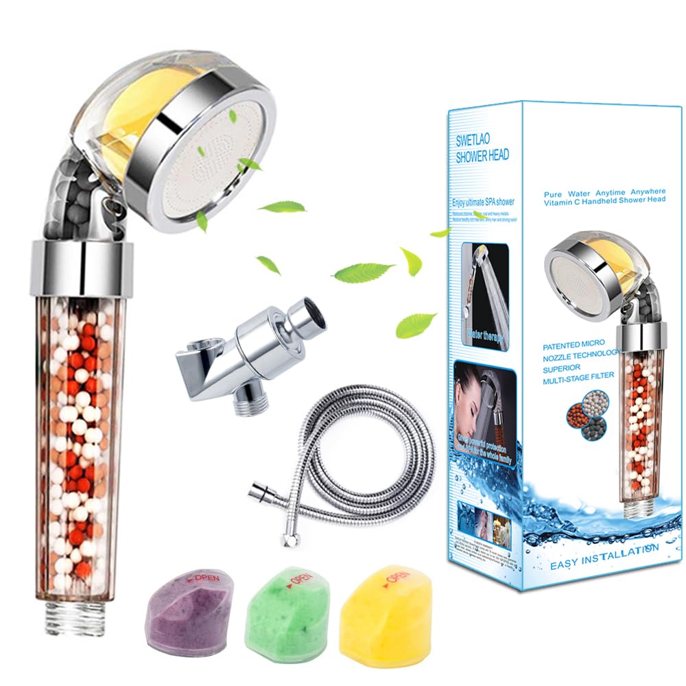 Vitamin C Filtered High Pressure Handheld Shower Head with Bracket and Metal Hose Purifying Hard Water Softener Chlorine Flouride Filter Aroma Showerhead Fresh Dry Skin & Hair Loss (Aroma Filter Showerhead Transparent)