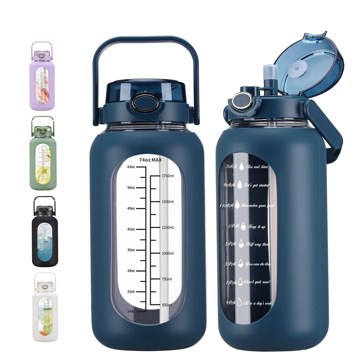 74 oz Glass Water Bolttles with Straw Large Motivational Water Bottle with Time Marker Sports Water Bottles with Silicone Sleeve and Handle Lid 2.2L Water Jug for Gym Workout (Dark Blue)